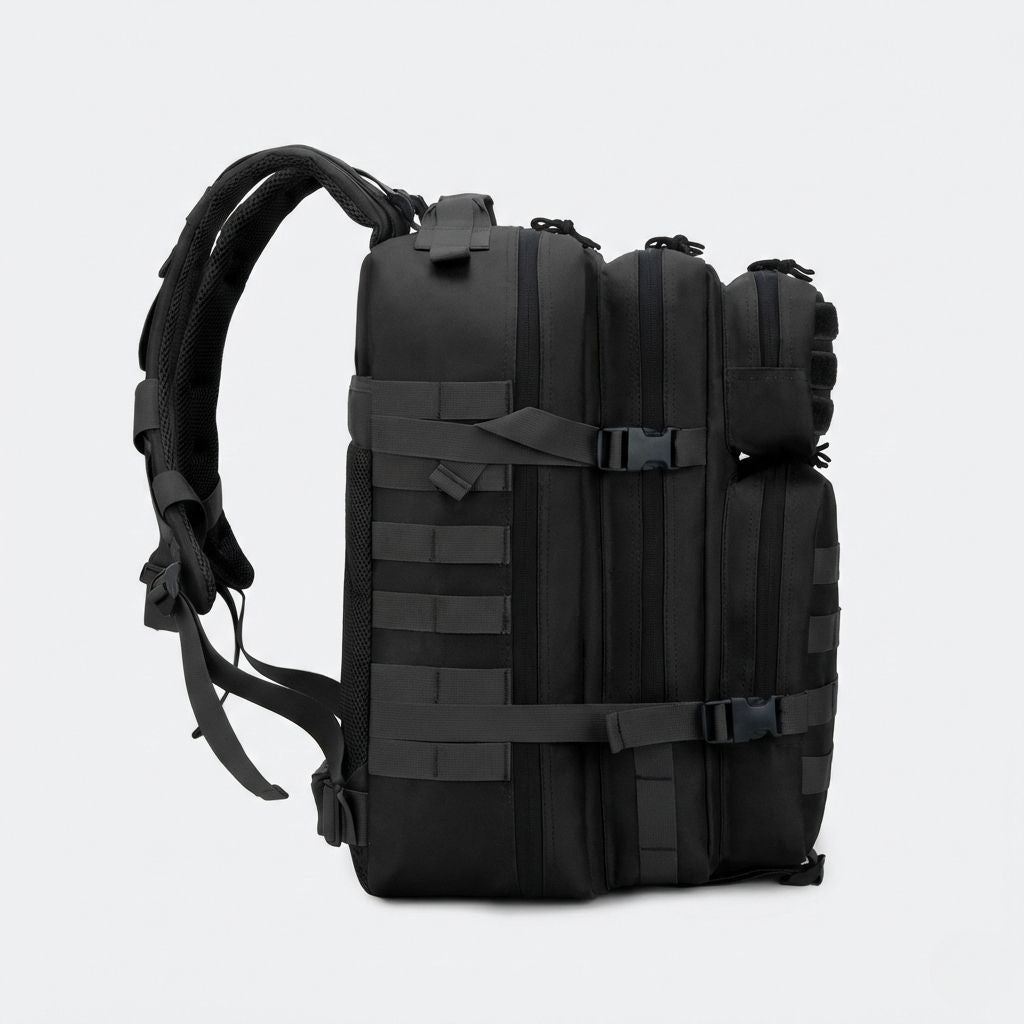 Vue de côté du sac à dos militaire 45L noir avec système MOLLE latéral et poches zippées complémentaires