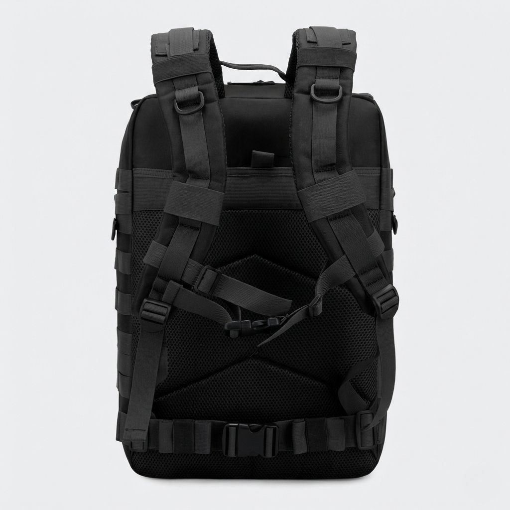 Dos du sac à dos militaire 45L noir : bretelles maillées rembourrées, ceinture ventrale et panneau dorsal ventilé