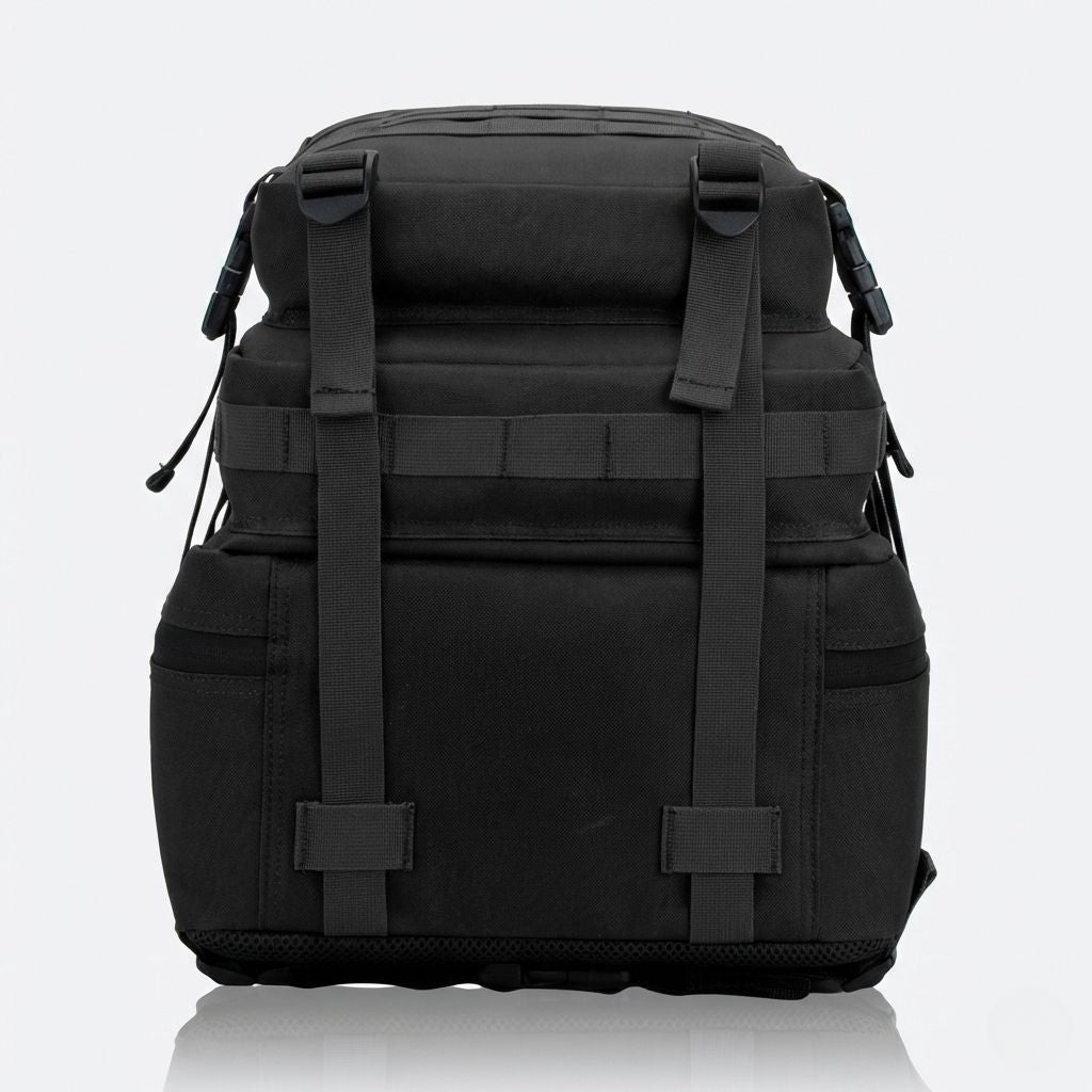 Sac à dos militaire 45L noir posé à plat vu de dessus : poche dessus MOLLE, zips et sangles de compression