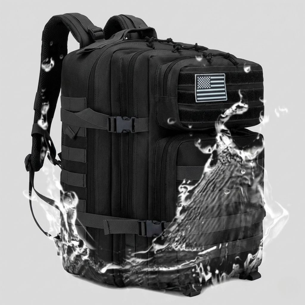 Sac à dos militaire 45L noir résistant à l'eau : vue illustrant l'imperméabilité avec des éclaboussures