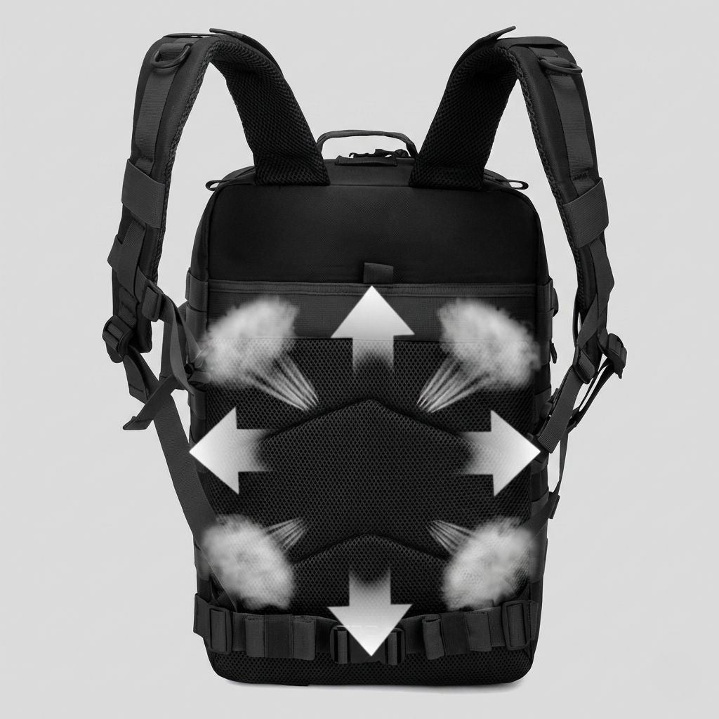 Dos du sac à dos militaire 45L noir avec panneau maillé honeycomb et illustration de la ventilation active