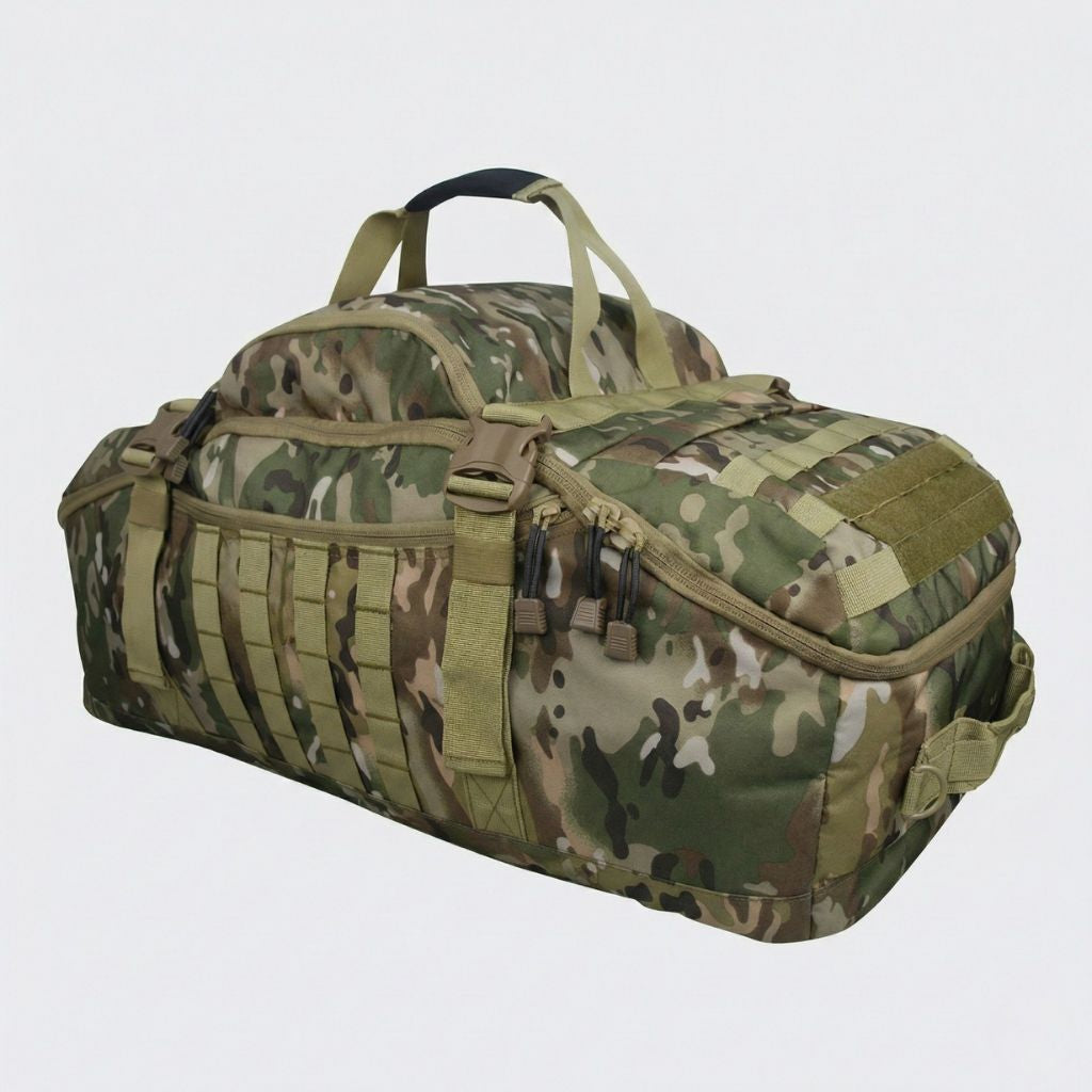 Sac de voyage militaire tactique 71L camouflage avec sangles MOLLE et fermetures éclair renforcées, mode duffle bag