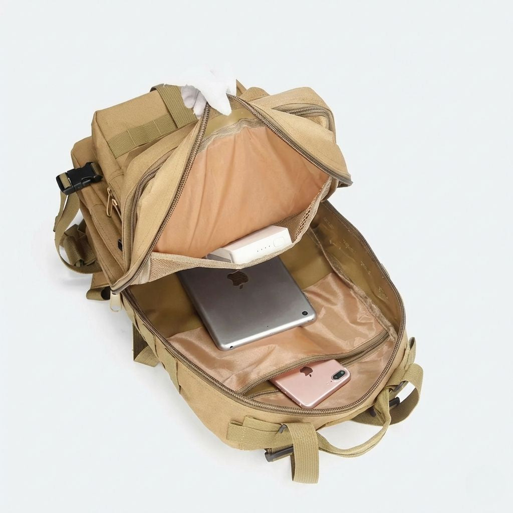 Vue du compartiment principal d'un sac tactique beige ouvert révélant tablette, ordinateur portable et smartphone Image