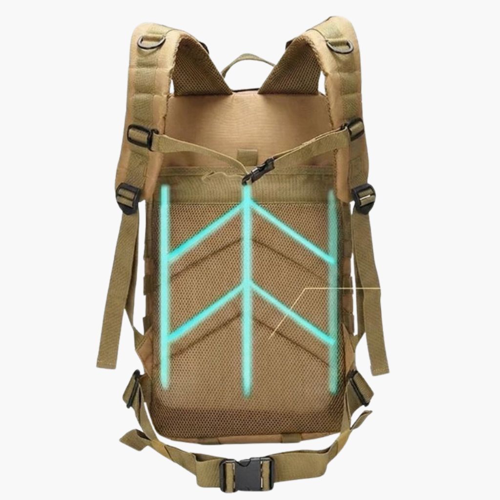 Vue de dos d'un sac à dos tactique beige avec système de ventilation dorsale ergonomique illustré en infographie Image