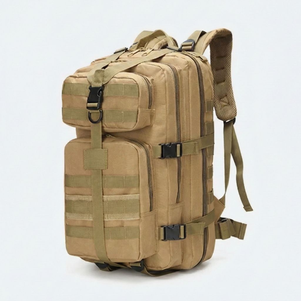 Sac à dos tactique beige coyote vu de face avec poches zippées frontales et système d'attaches MOLLE latérales