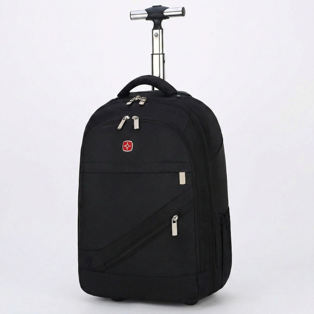 Sac à dos à roulettes noir avec poignée télescopique argentée dépliée, multi-poches zippées pour bagage cabine