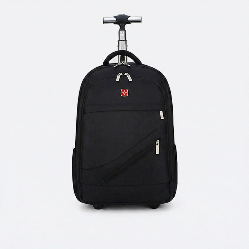 Sac à dos trolley noir vue de face, poignée télescopique escamotable, multi-compartiments pour voyage en avion