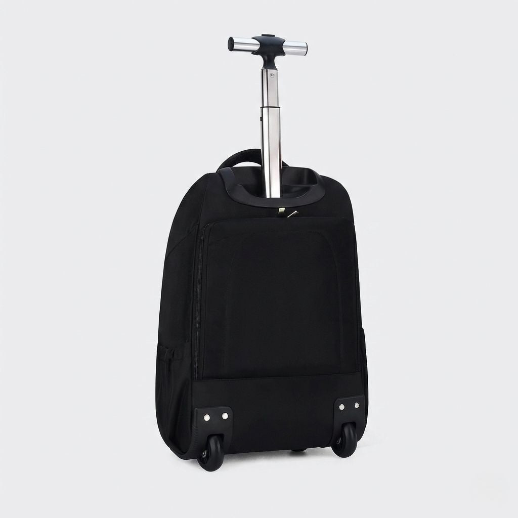 Bagage cabine à roulettes noir, vue arrière trois-quarts révélant deux grandes roulettes pivotantes et patins