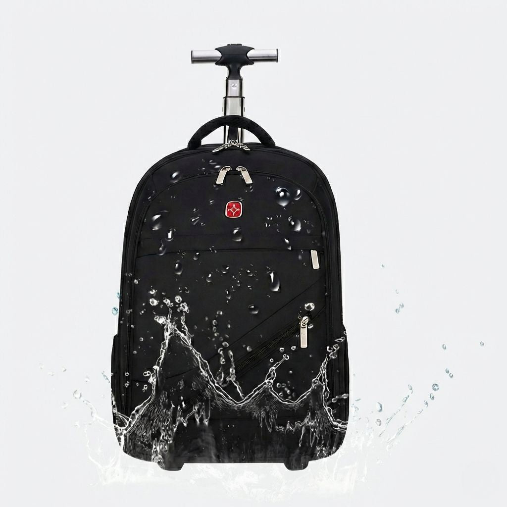 Sac à dos à roulettes noir projeté par des éclaboussures d'eau illustrant sa résistance à l'imperméabilité Image