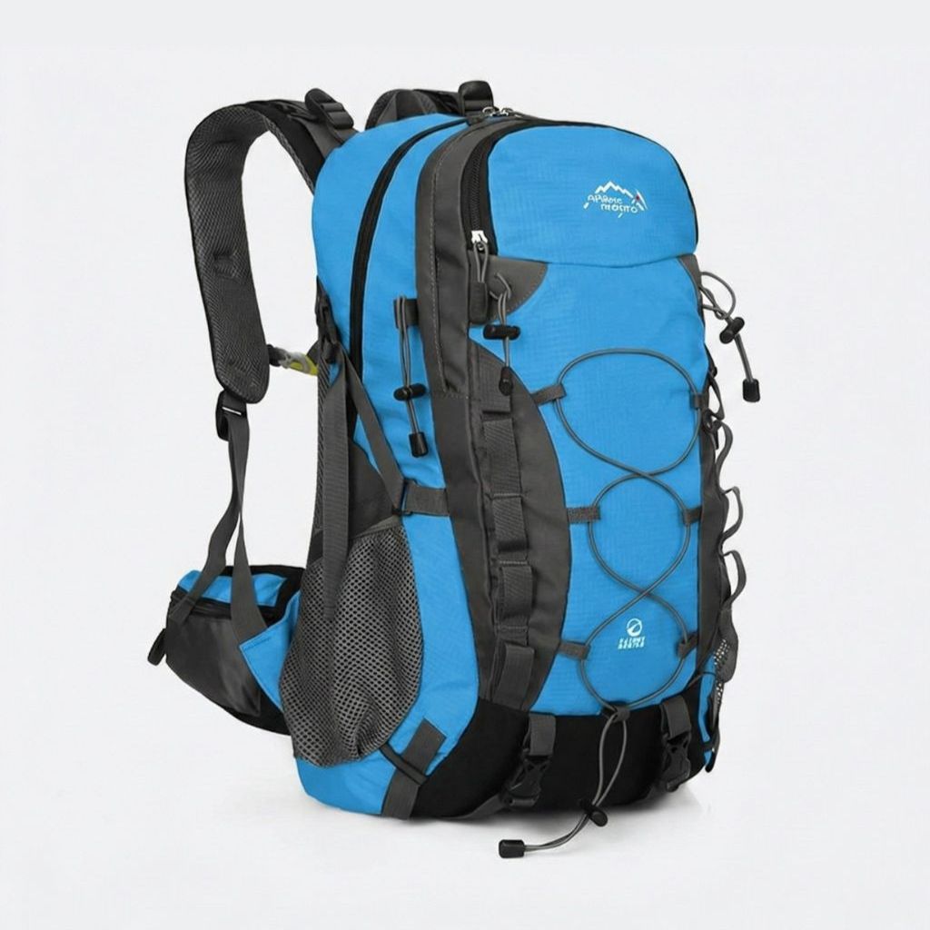 Sac à dos de randonnée bleu 40L, vue 3/4 avant, bretelles rembourrées, filet latéral et sangles de compression