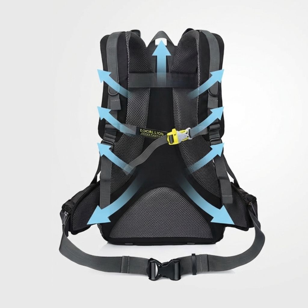 Dos du sac à dos de randonnée noir avec schéma illustrant la circulation d'air du dosseret ventilé en mesh Image