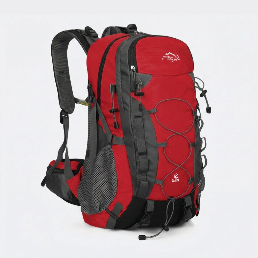 Sac à dos de randonnée rouge 40L, vue 3/4, bretelles rembourrées, filet latéral et sangles de compression noires
