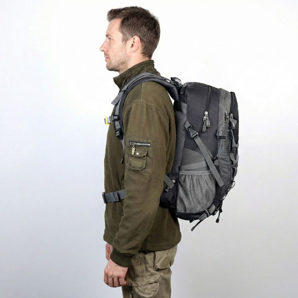 Homme de profil portant un sac à dos de randonnée noir 40L, bretelles ajustées, filet latéral et ceinture ventrale