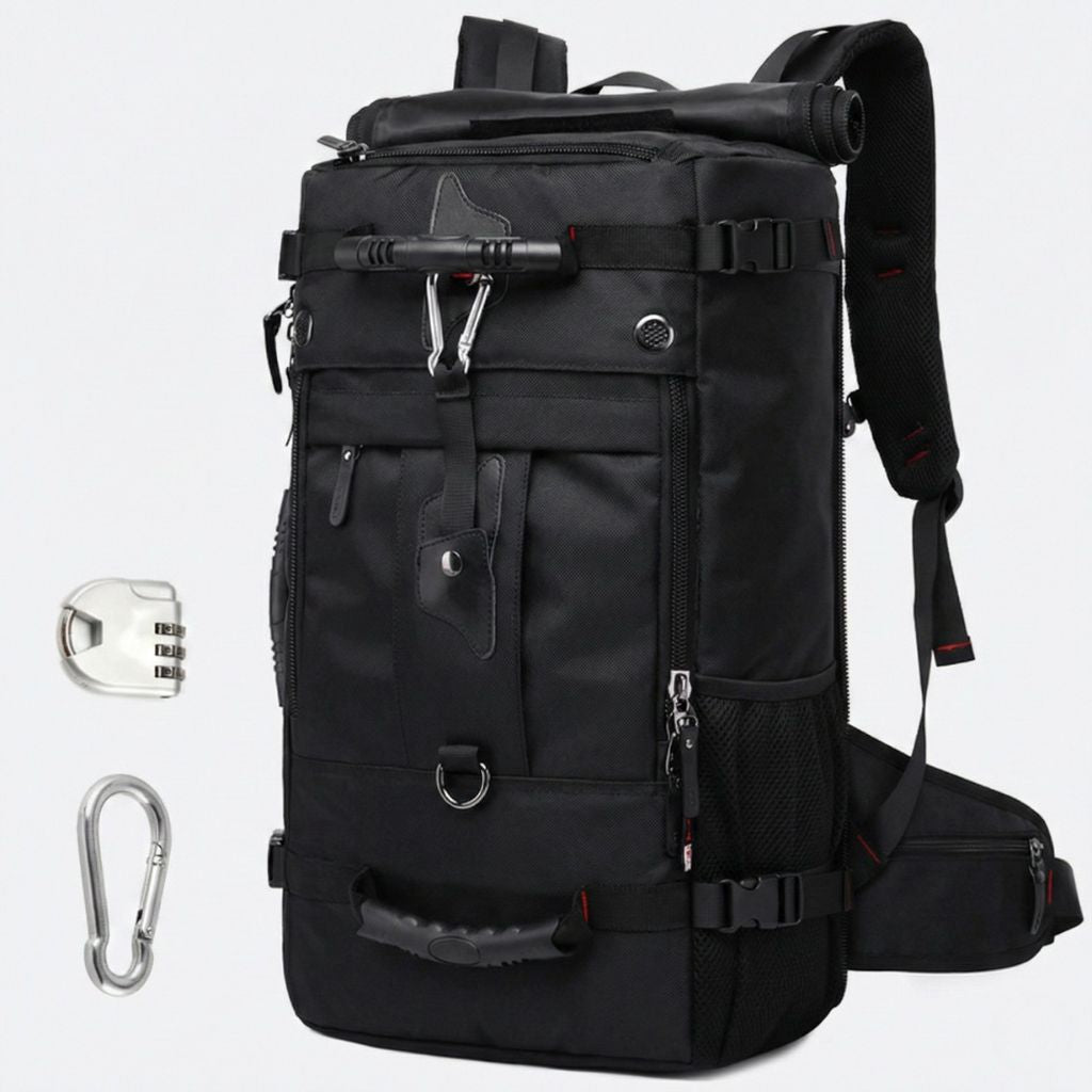 Sac de voyage noir avec serrure à code blanche et mousqueton argent fournis en accessoires, vue face avant