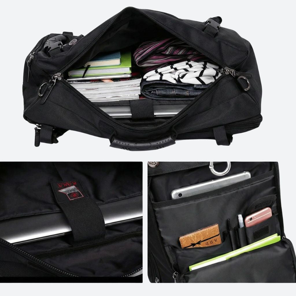 Vue des compartiments intérieurs d'un sac à dos de voyage noir avec laptop, tablette, carnets et téléphone Image