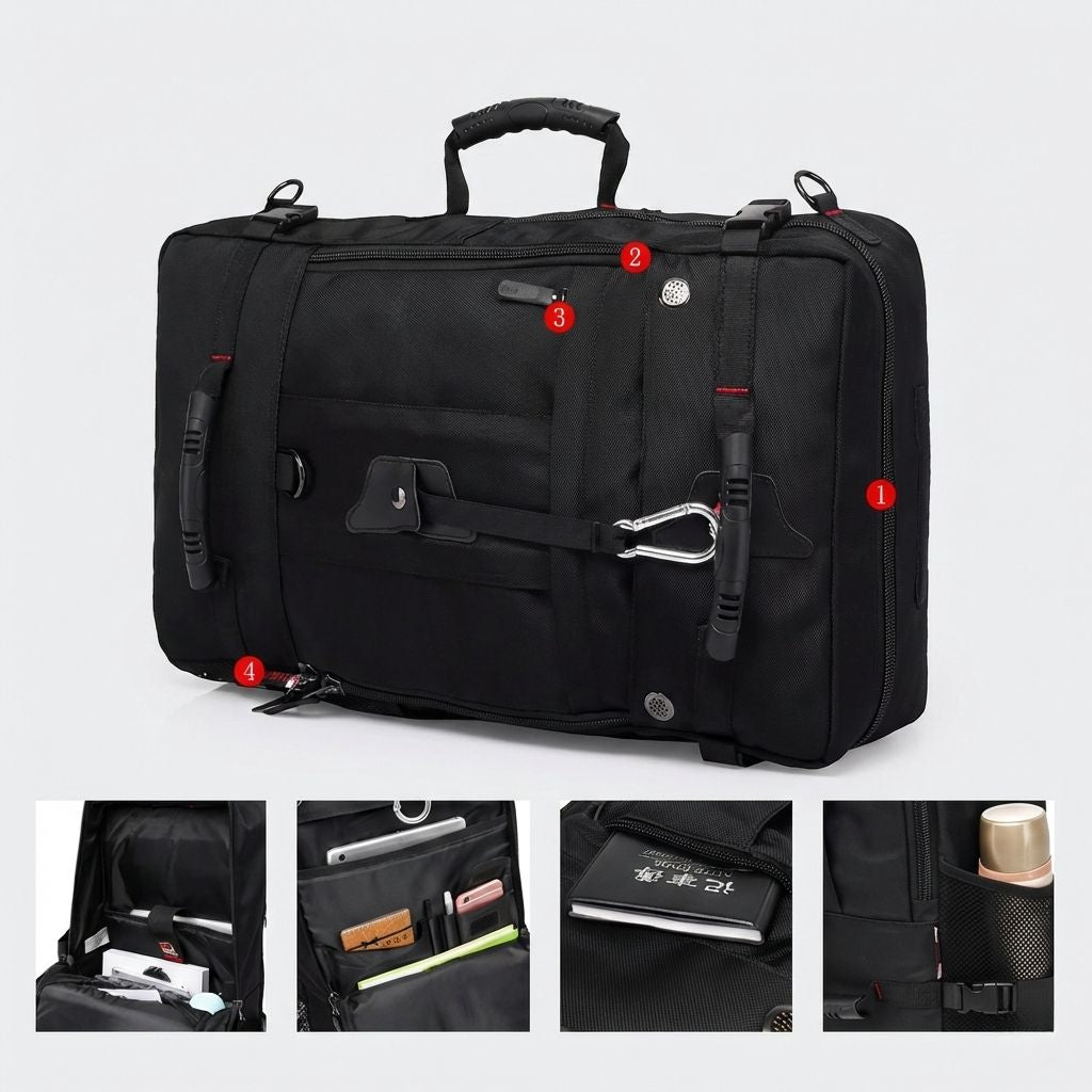 Sac de voyage noir présentation technique numérotée, intérieur organisé, poche laptop, mousqueton et thermos dorée