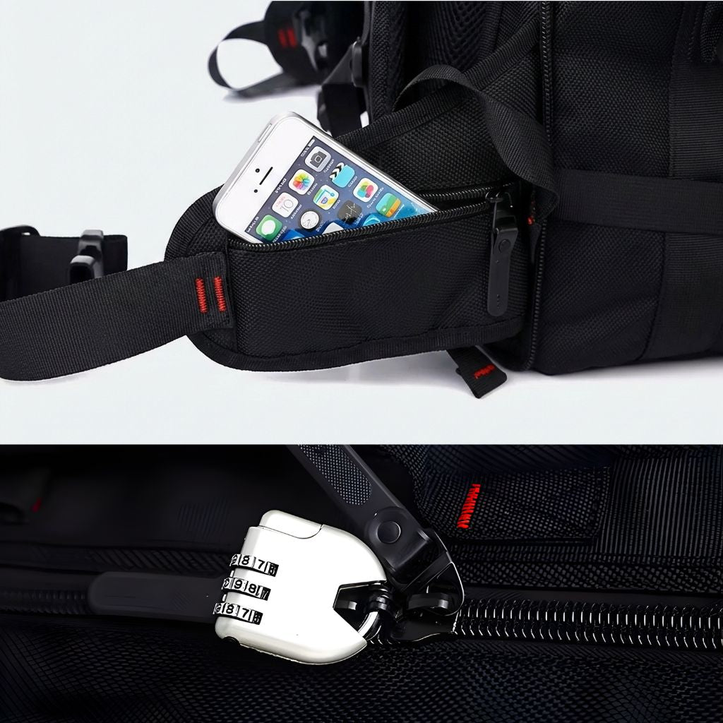 Double détail sac de voyage noir, poche banane avec smartphone glissé et gros plan serrure à code blanche sur zip