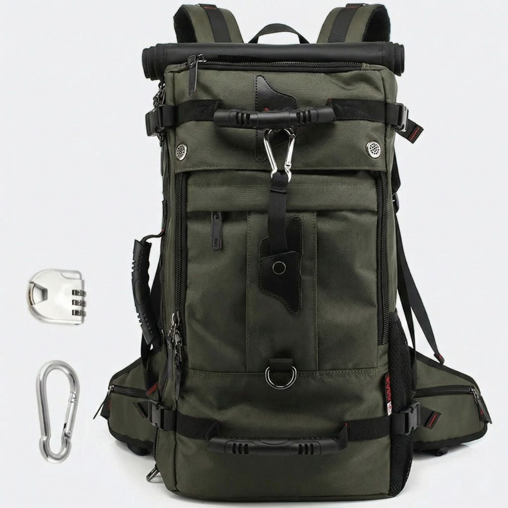 Sac de voyage coloris kaki vert armée de face, serrure à code et mousqueton argent inclus, poches frontales zippées