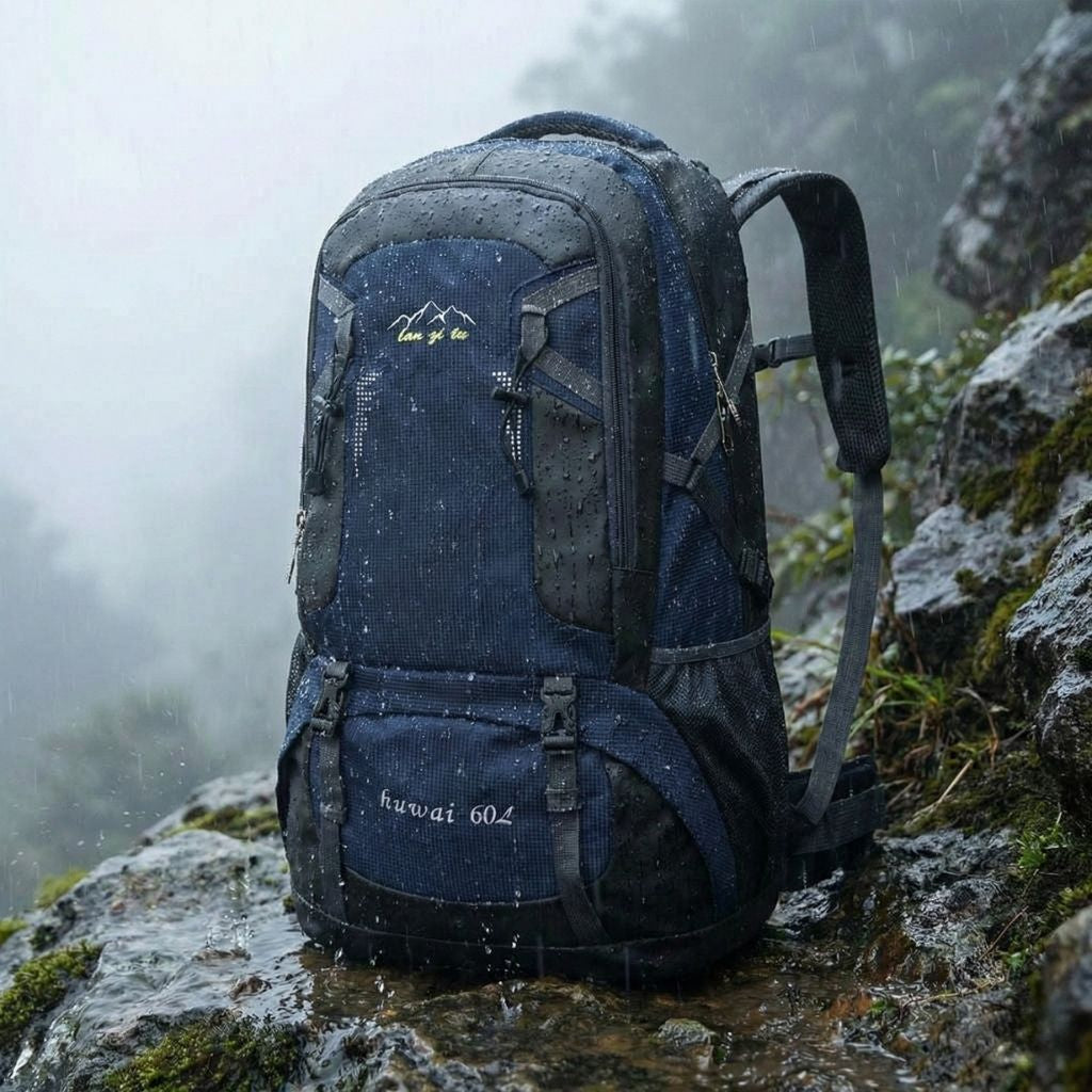 Sac à dos de voyage bleu marine posé sur des rochers mouillés en montagne, illustrant sa résistance aux intempéries Image