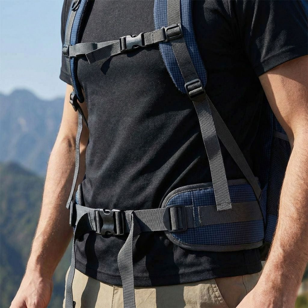 Gros plan des sangles et ceinture ventrale d'un sac à dos de voyage bleu marine, montagnes en arrière-plan Image