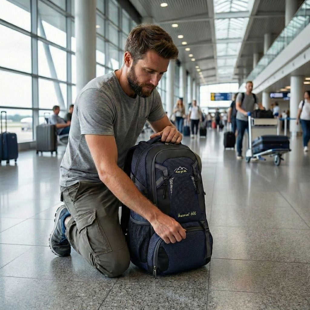 Homme agenouillé dans un aéroport accédant au compartiment de son sac à dos de voyage bleu marine Image