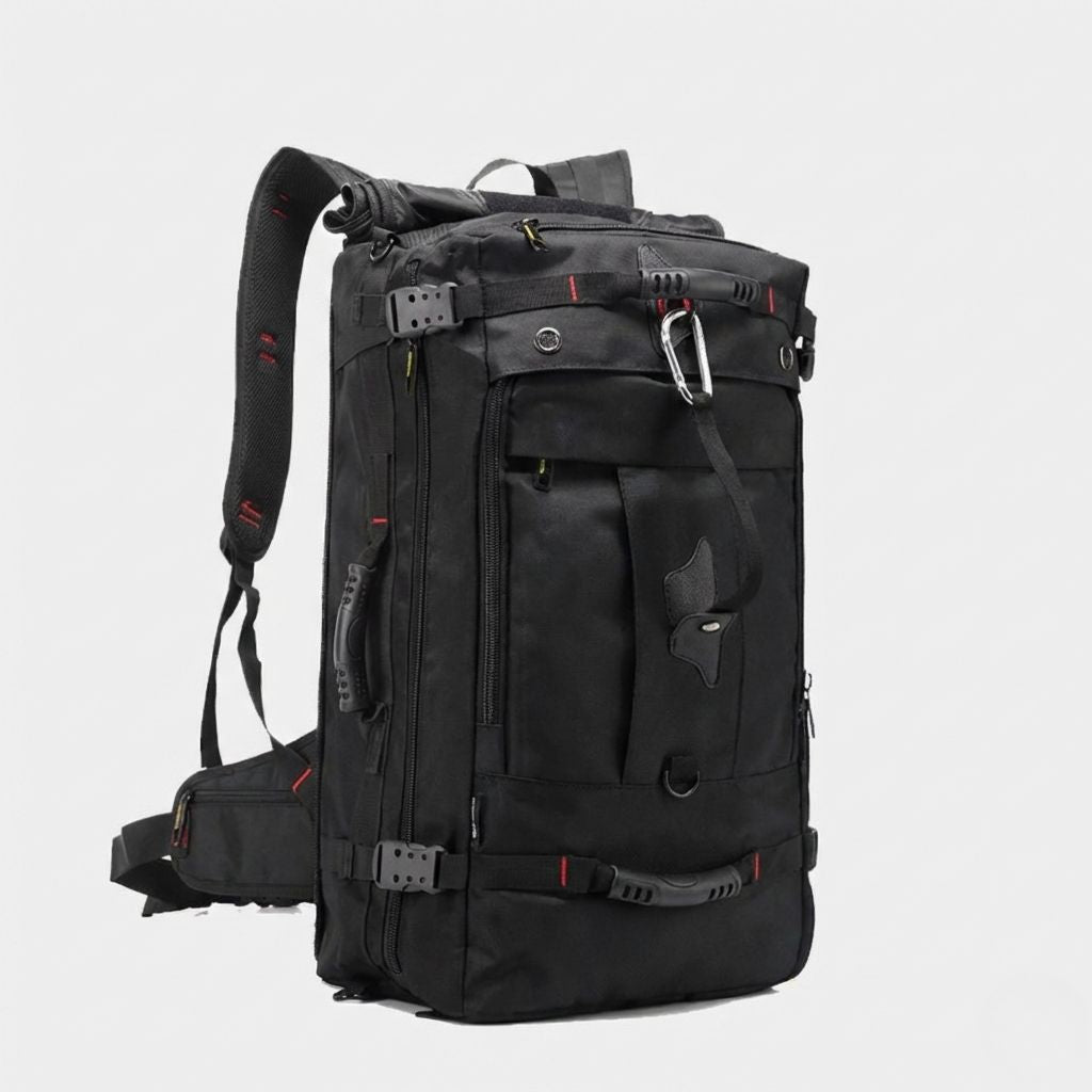 Sac à dos de voyage noir extensible 70L, vue 3/4, multiples poches zippées, mousqueton et sangles de compression