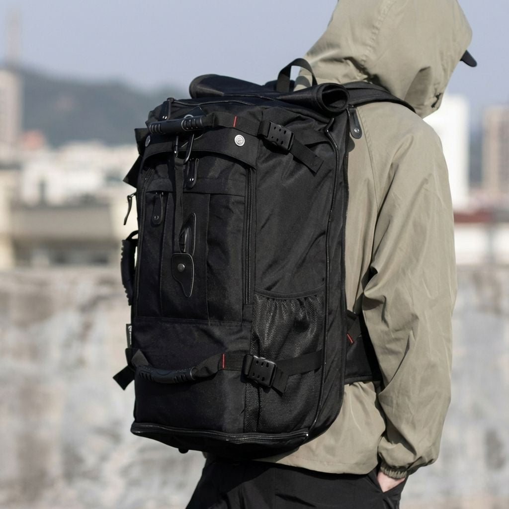 Homme portant le sac à dos de voyage noir 70L en ville, veste kaki, bretelles ajustées sur fond urbain flou