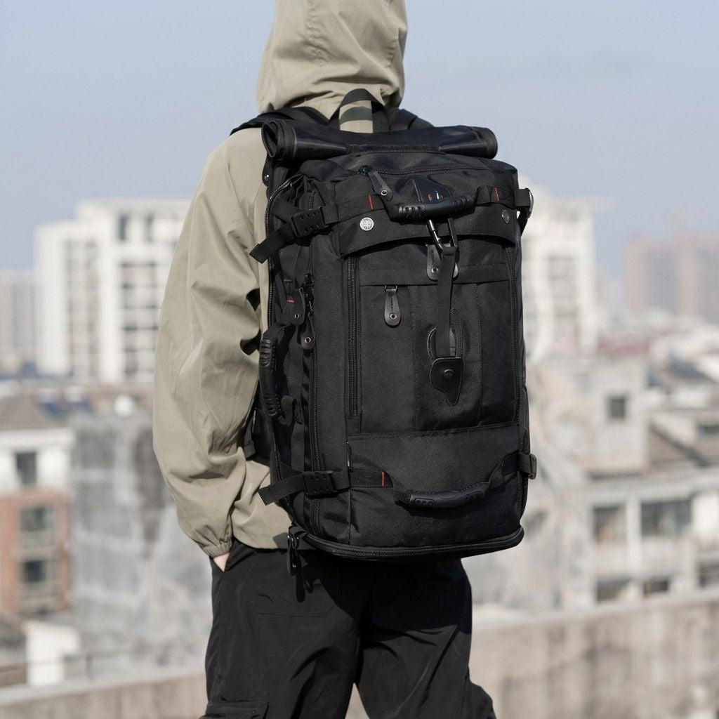 Homme de dos portant le sac à dos de voyage noir 70L en milieu urbain, immeubles en arrière-plan flous