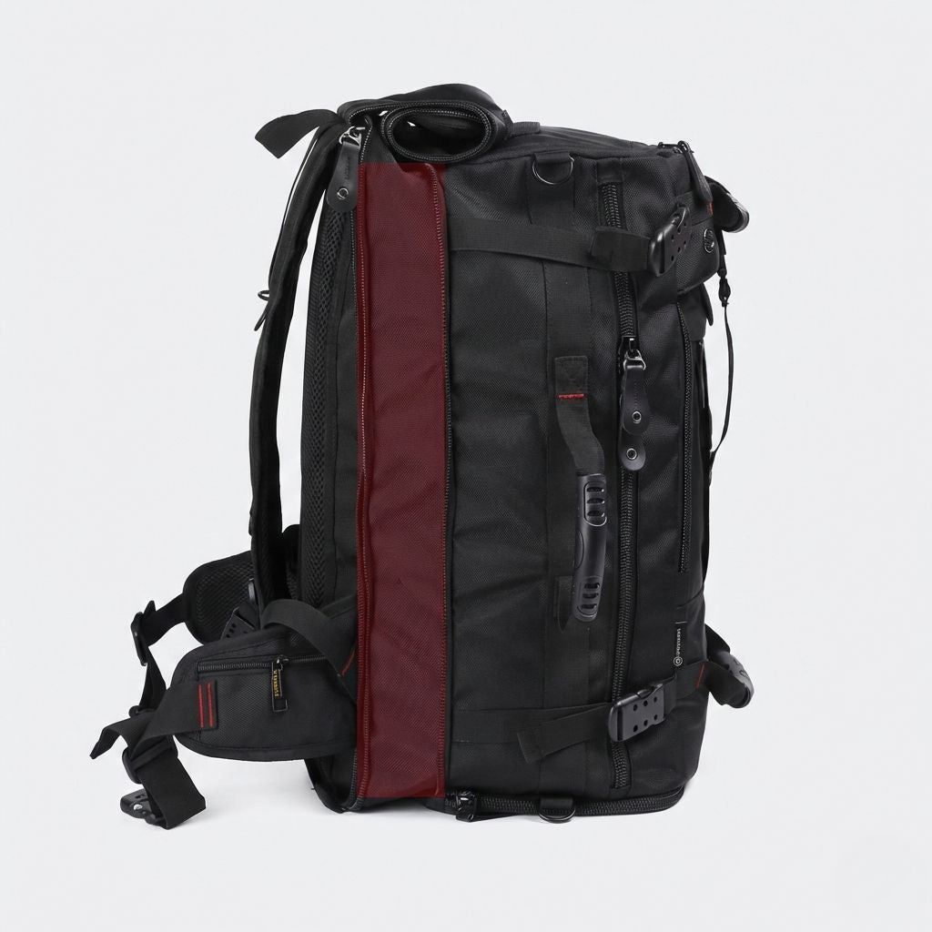Vue de profil d'un sac à dos de voyage noir extensible avec bande latérale rouge et multiples sangles Image