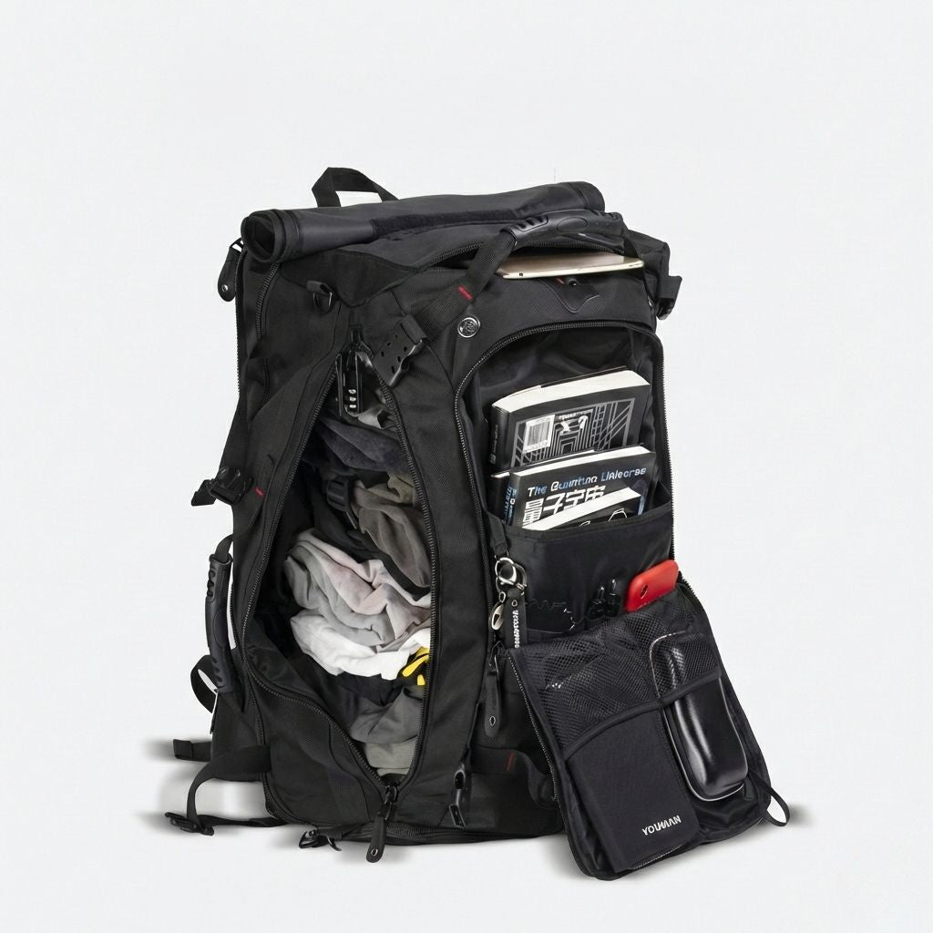 Sac à dos de voyage noir 70L ouvert, compartiment principal avec chaussures, livres et accessoires rangés visibles