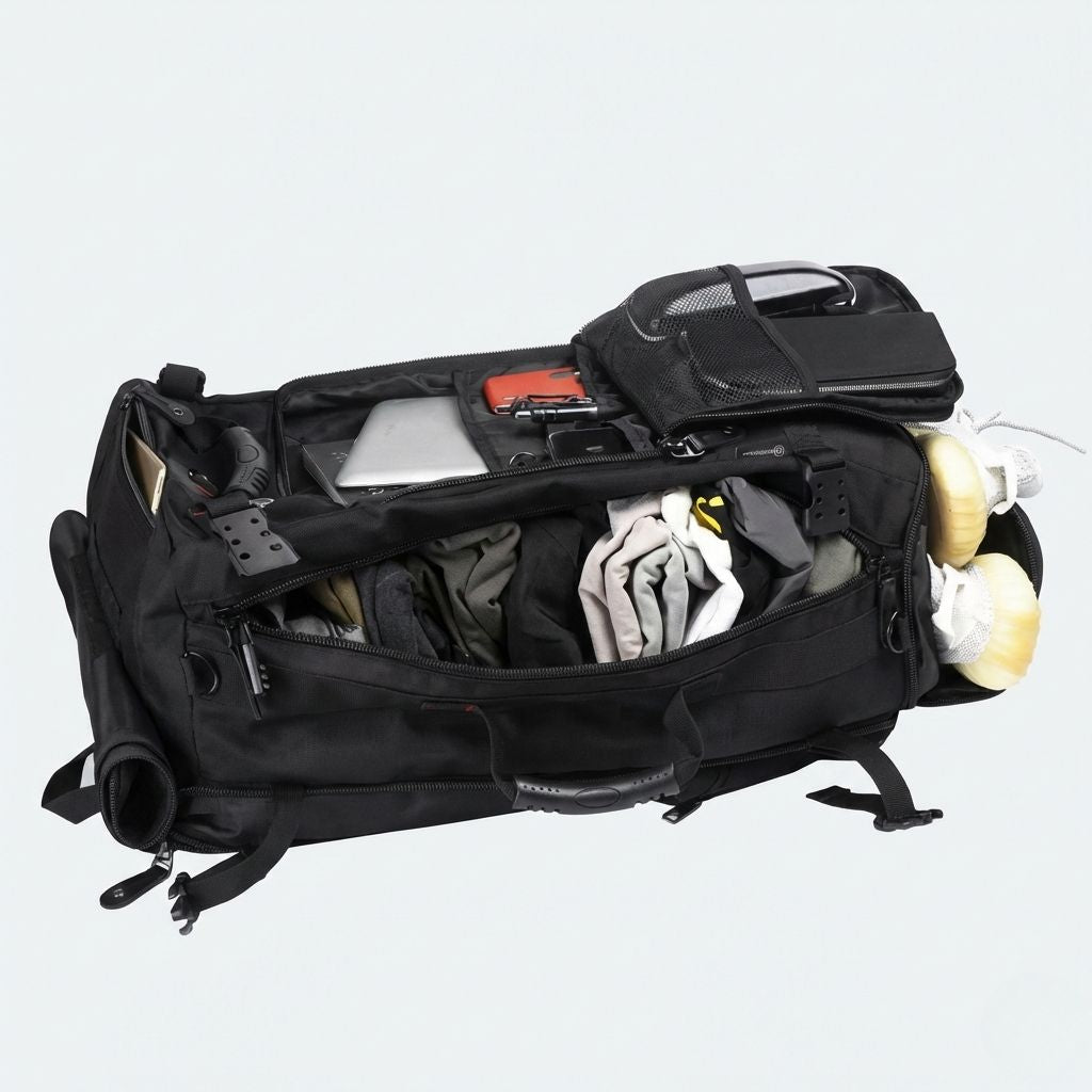 Vue du dessus d'un sac à dos de voyage noir extensible ouvert, rempli de vêtements, chaussures et laptop Image