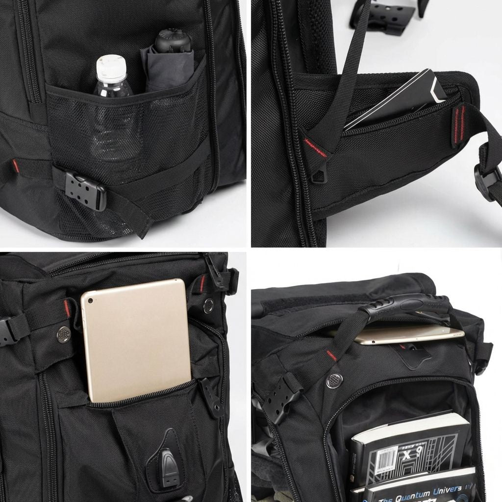 Montage de quatre détails du sac à dos de voyage noir : poche filet, compartiment PC, tablette et rangement livres