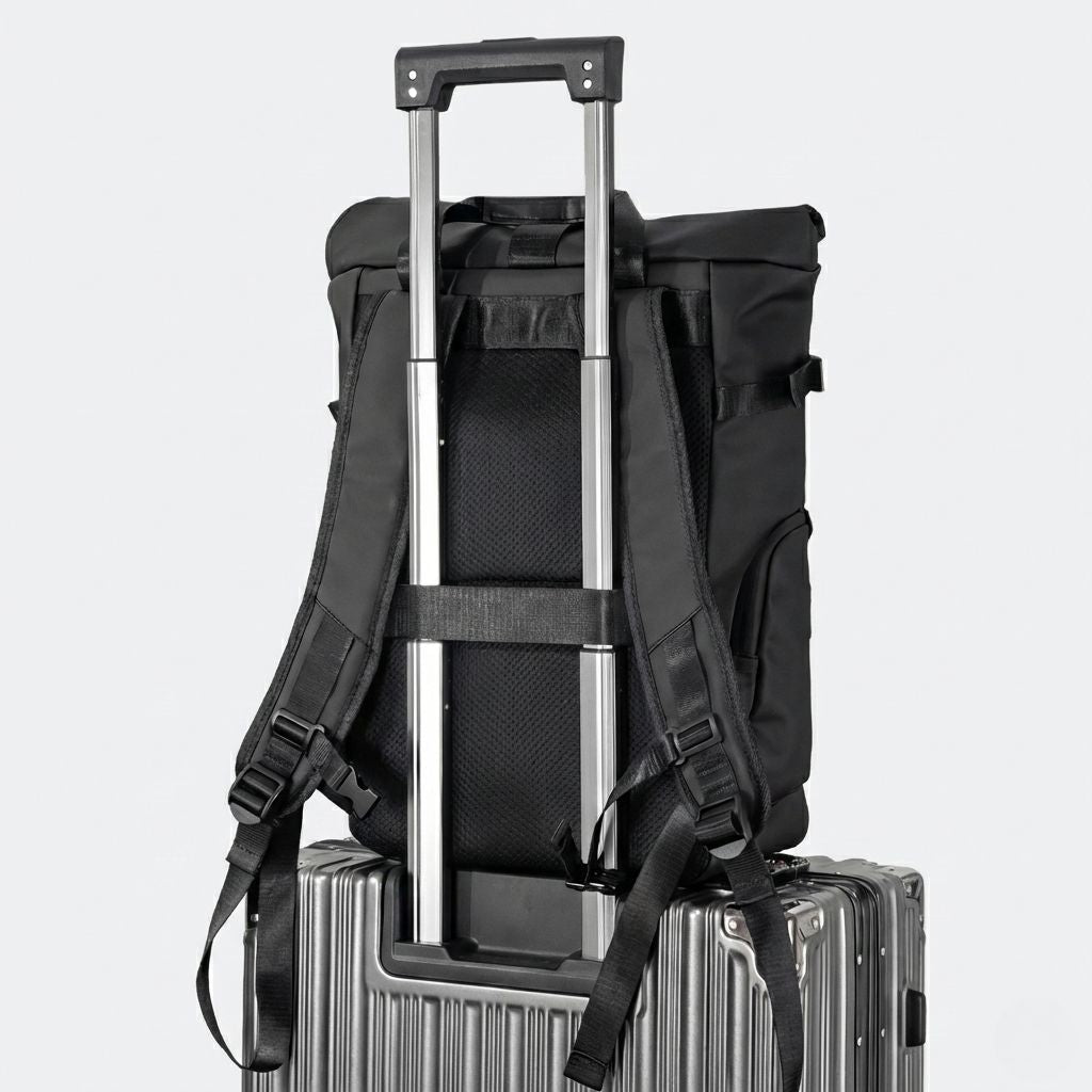Sac à dos roll-top noir vu de dos, fixé sur une valise argentée via la sangle de fixation trolley Image
