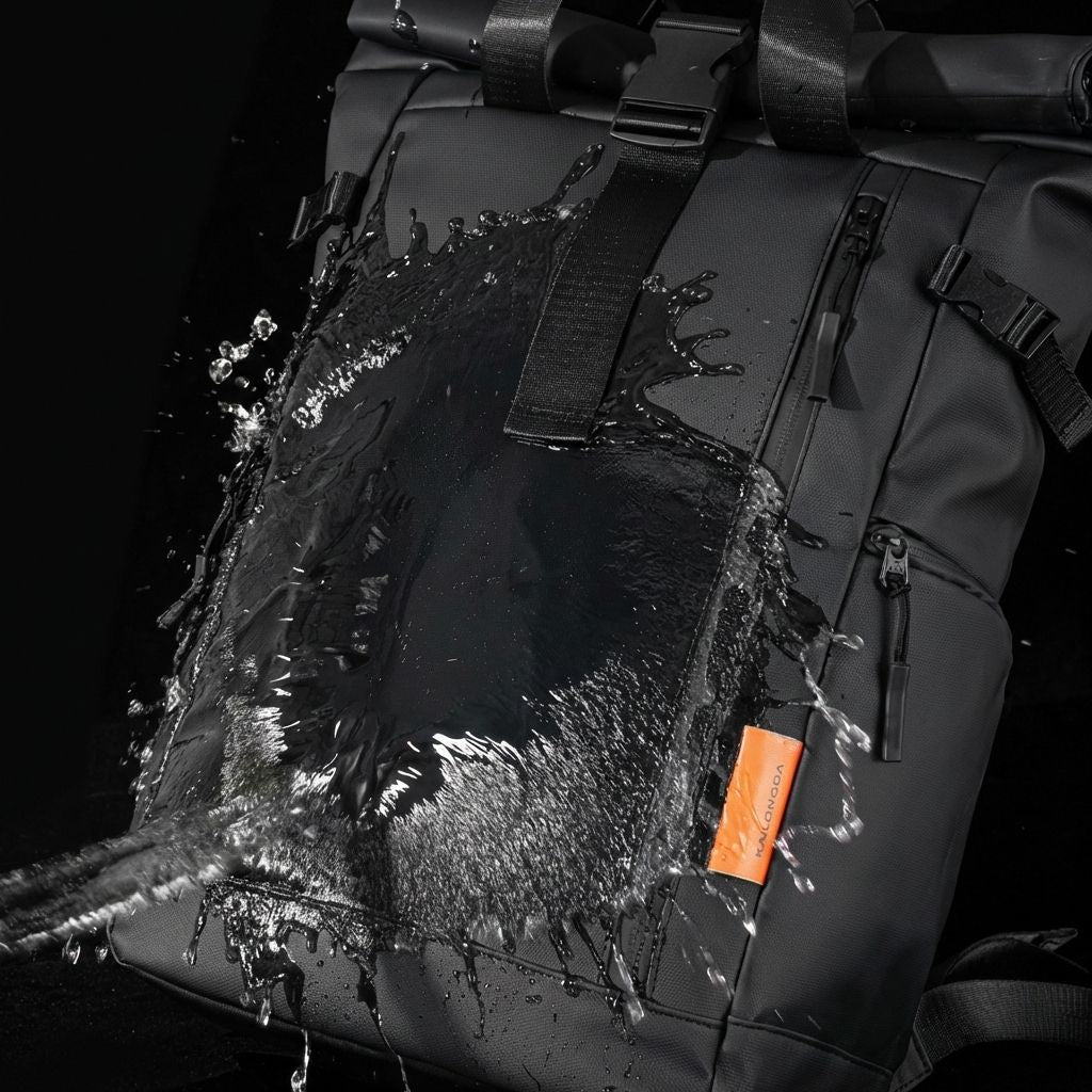Test étanchéité du sac à dos voyage roll-top noir, eau ruisselant sur la surface imperméable, fond sombre