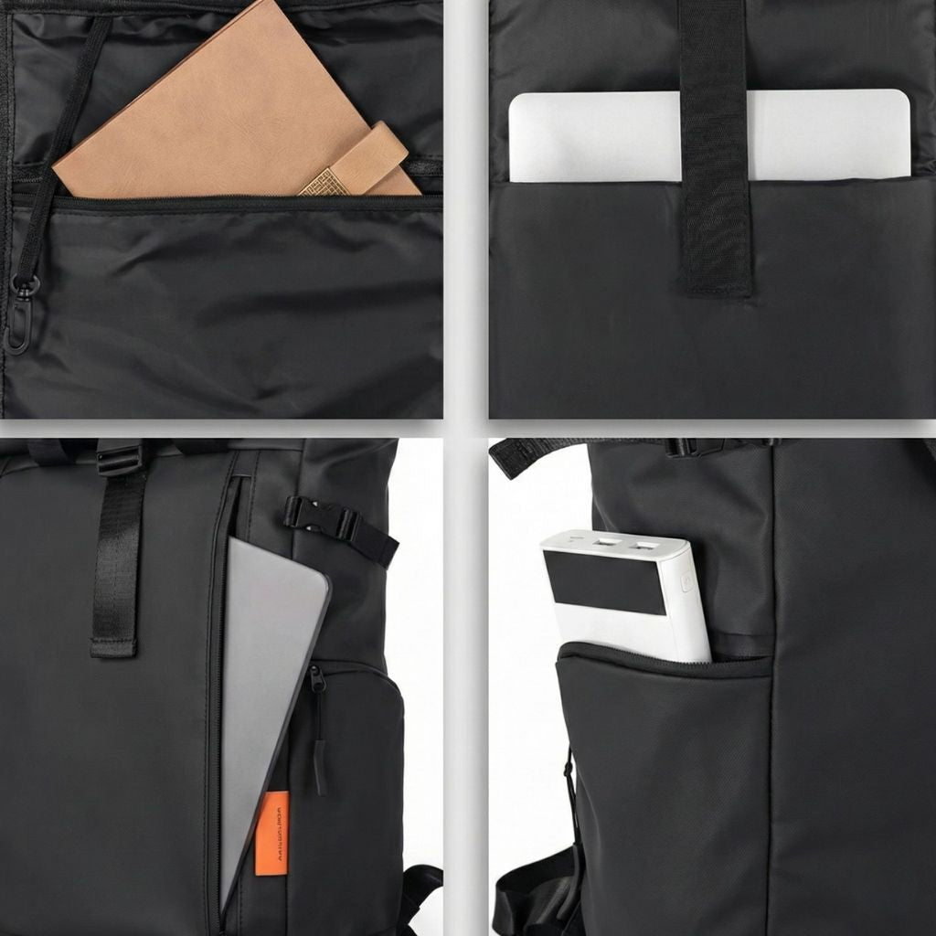 Montage des quatre poches intérieures d'un sac à dos roll-top noir avec laptop, carnet, tablette et powerbank Image