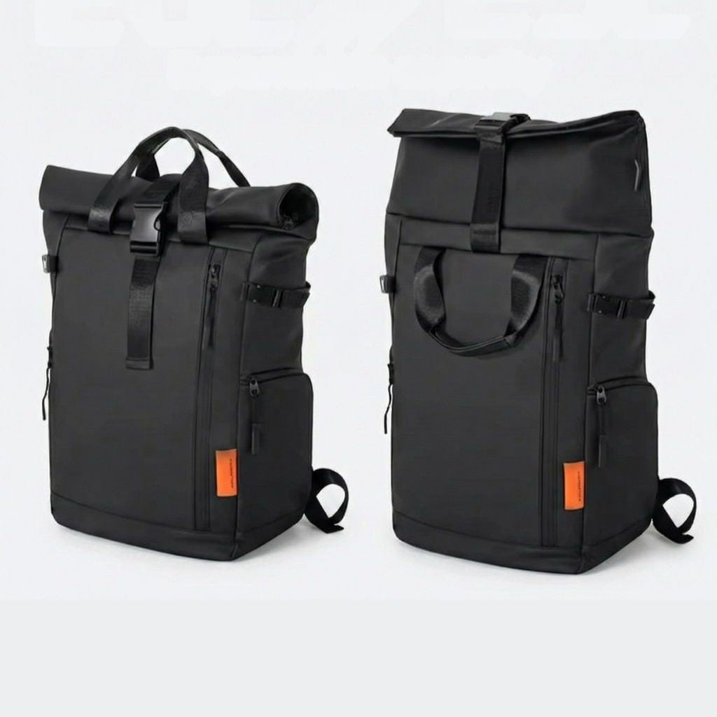 Sac à dos roll-top noir imperméable vu fermé et ouvert, avec languette orange et fermeture à clip noir Image