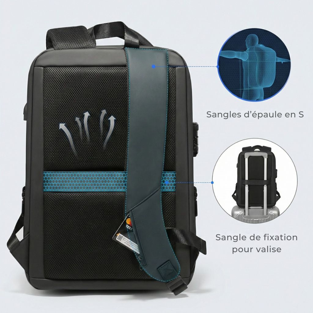 Vue du dos d'un sac à dos de voyage noir avec bretelles en S, ventilation maillée et sangle de fixation valise Image