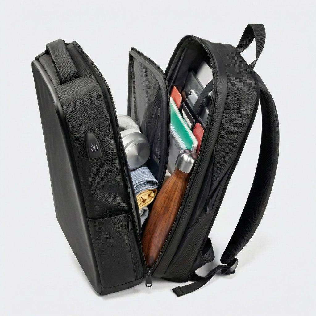 Sac à dos à coque rigide ouvert avec deux compartiments organisés : vêtements, gourde et ordinateur portable