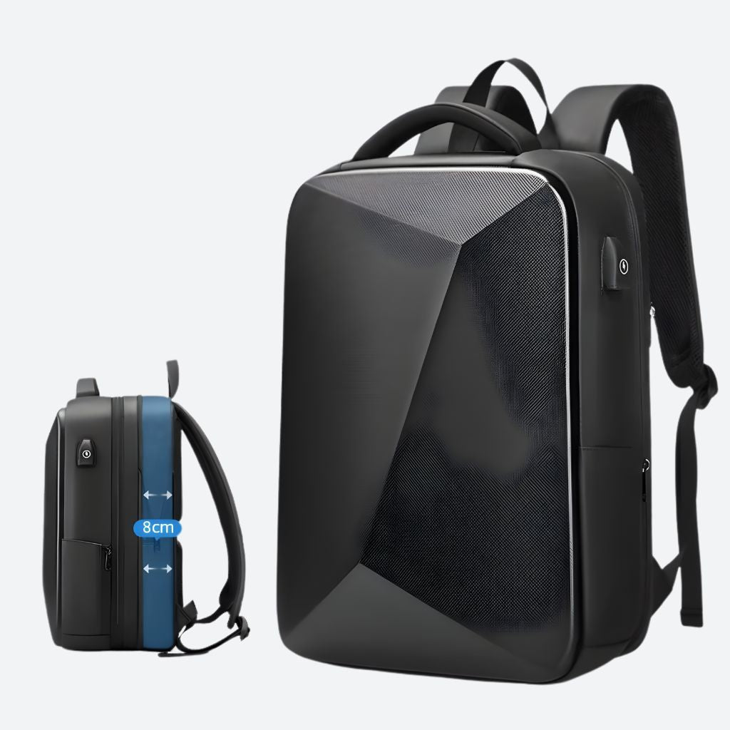 Comparaison des tailles du sac à dos à coque dure noir : version standard et version extensible de 8 cm