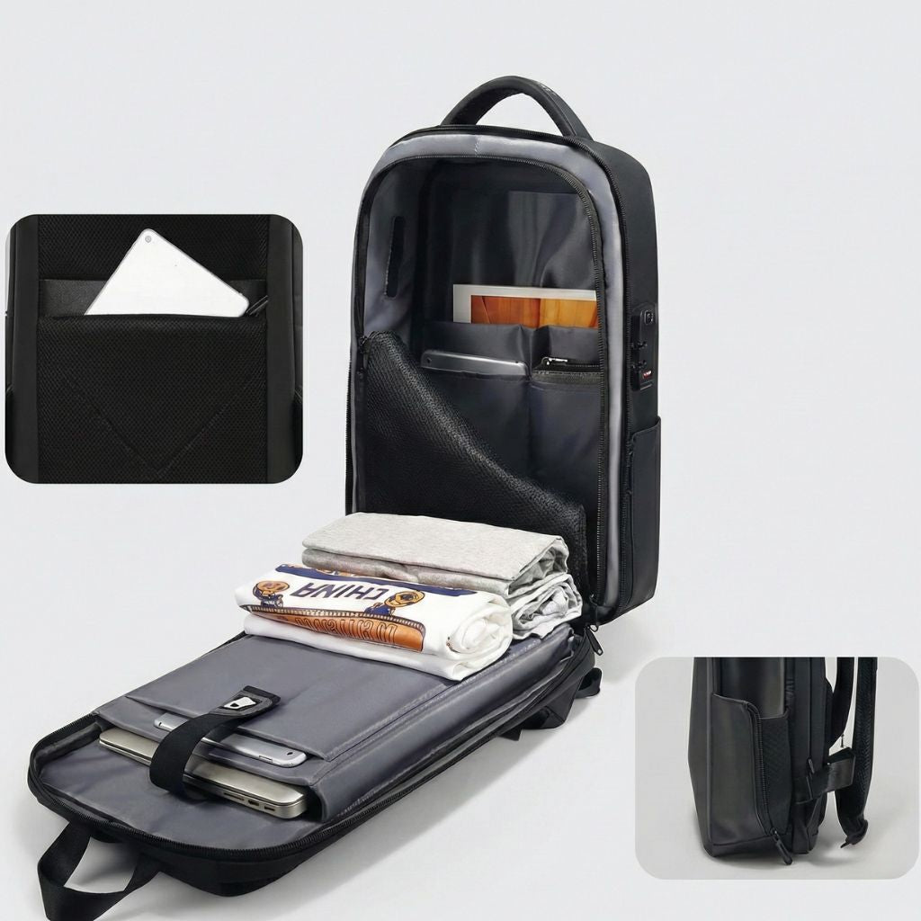 Vue des compartiments intérieurs d'un sac à dos de voyage noir avec laptop, vêtements pliés et tablette Image