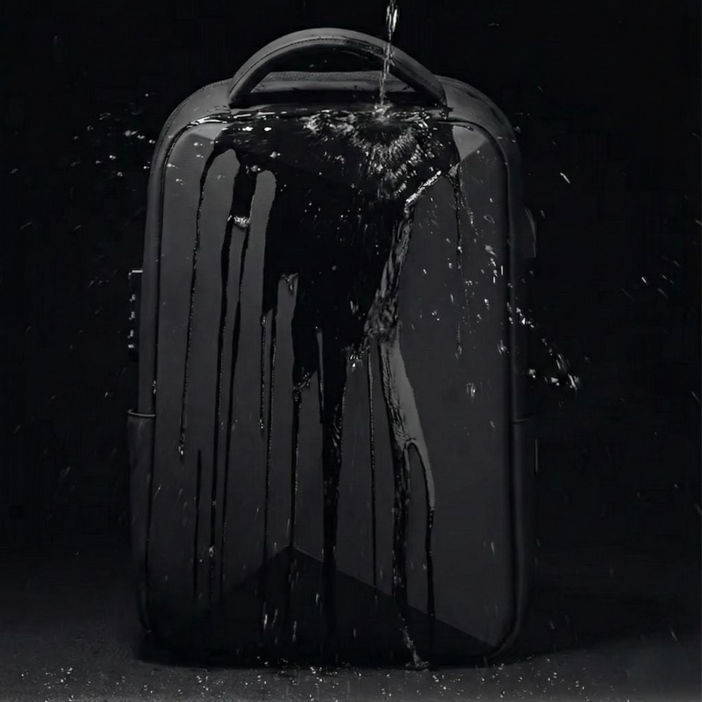Test d'imperméabilité du sac à dos à coque rigide noire : eau versée directement sur la surface, fond sombre
