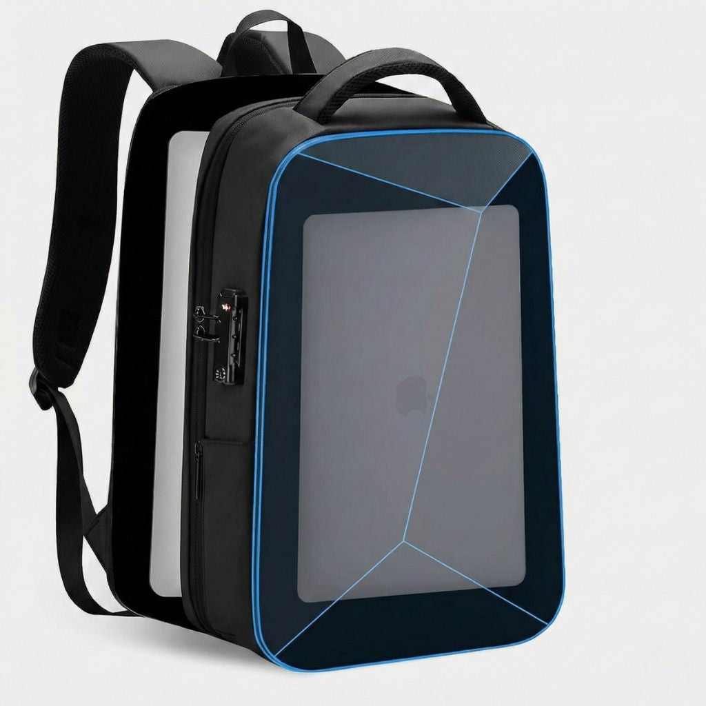 Sac à dos à coque rigide bleue translucide avec contours lumineux, serrure TSA et laptop visible à travers