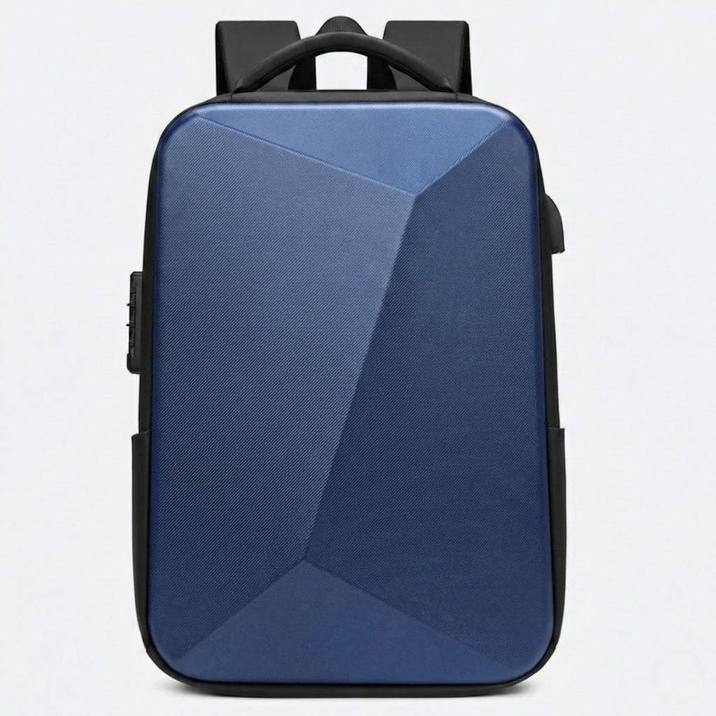Sac à dos à coque rigide bleu marine, vue de face, surface ABS texturée avec motif géométrique en X gravé