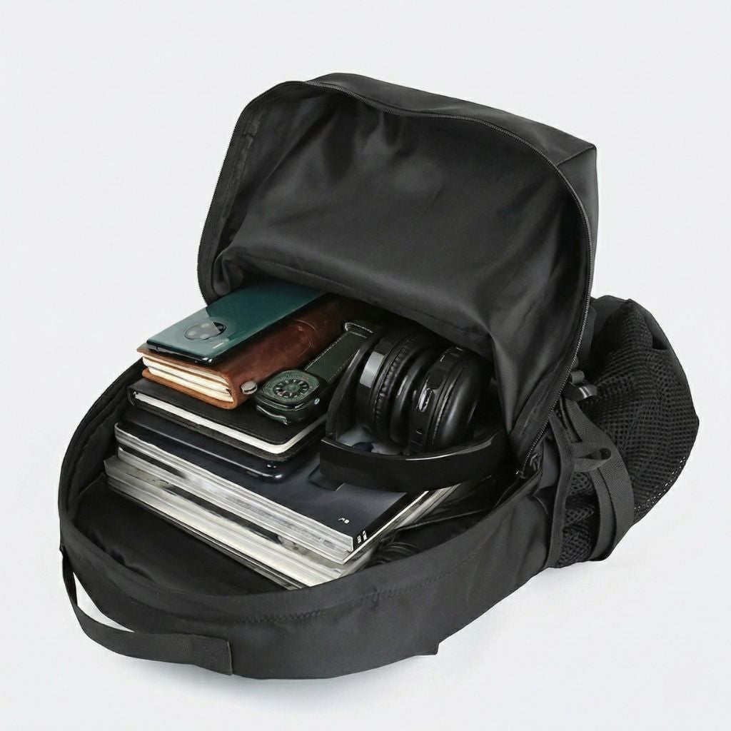 Vue du dessus d'un sac à dos de voyage en nylon noir ouvert, avec laptop, carnets, montre et casque audio Image