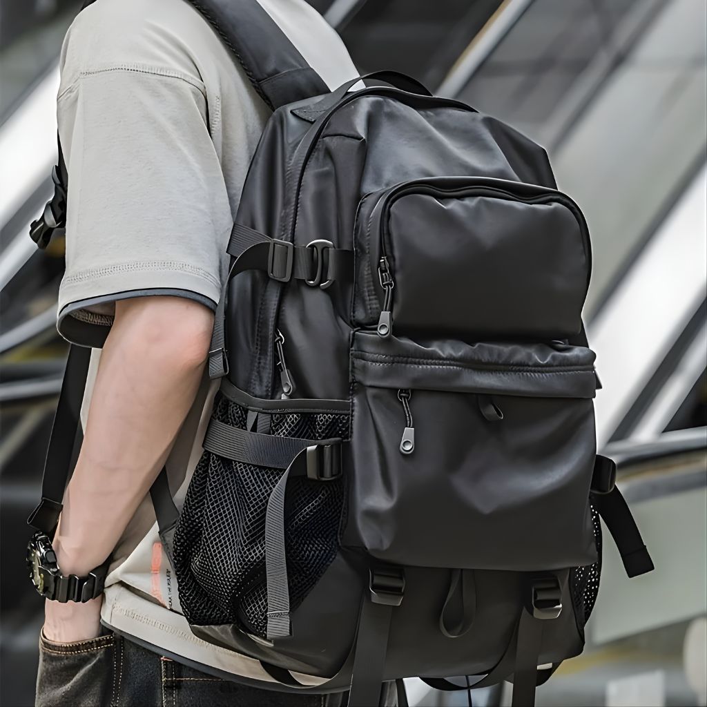 Homme de dos portant un sac à dos de voyage en nylon noir satiné multipoches avec sangles réglables Image