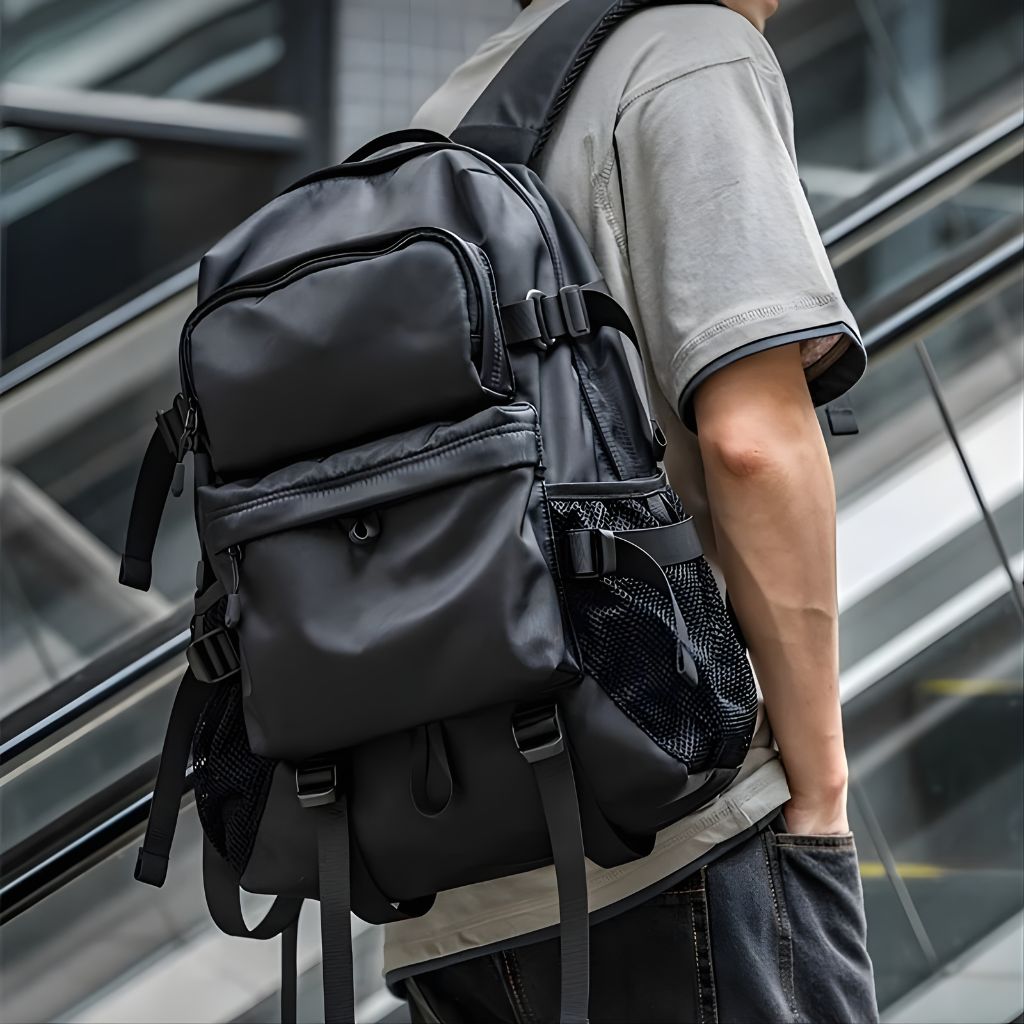 Homme sur escalier roulant portant un sac à dos voyage urbain noir multi-poches, nylon satiné, bretelles réglables