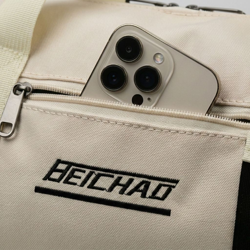 Détail de la poche frontale du sac de sport beige, smartphone glissé dans la poche zippée, étiquette brodée