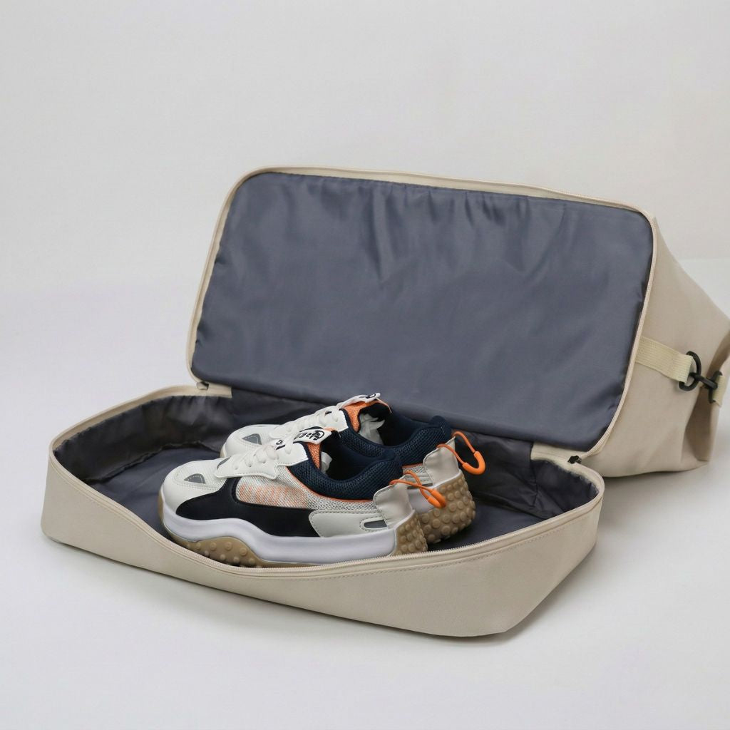 Pochette à chaussures beige ouverte d'un sac de sport, avec des baskets bicolores bleu marine et orange Image