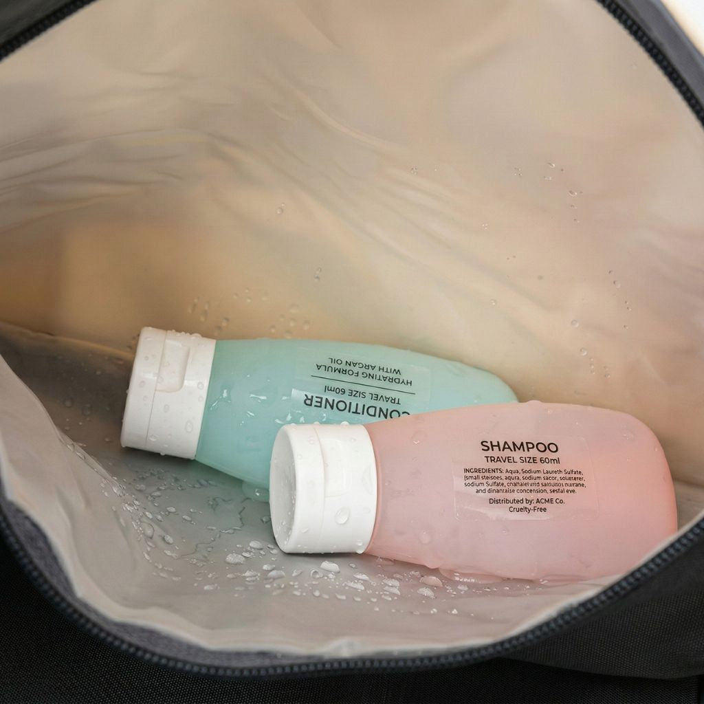 Poche imperméable intérieure d'un sac de sport beige ouverte, contenant des flacons de shampoing et gel