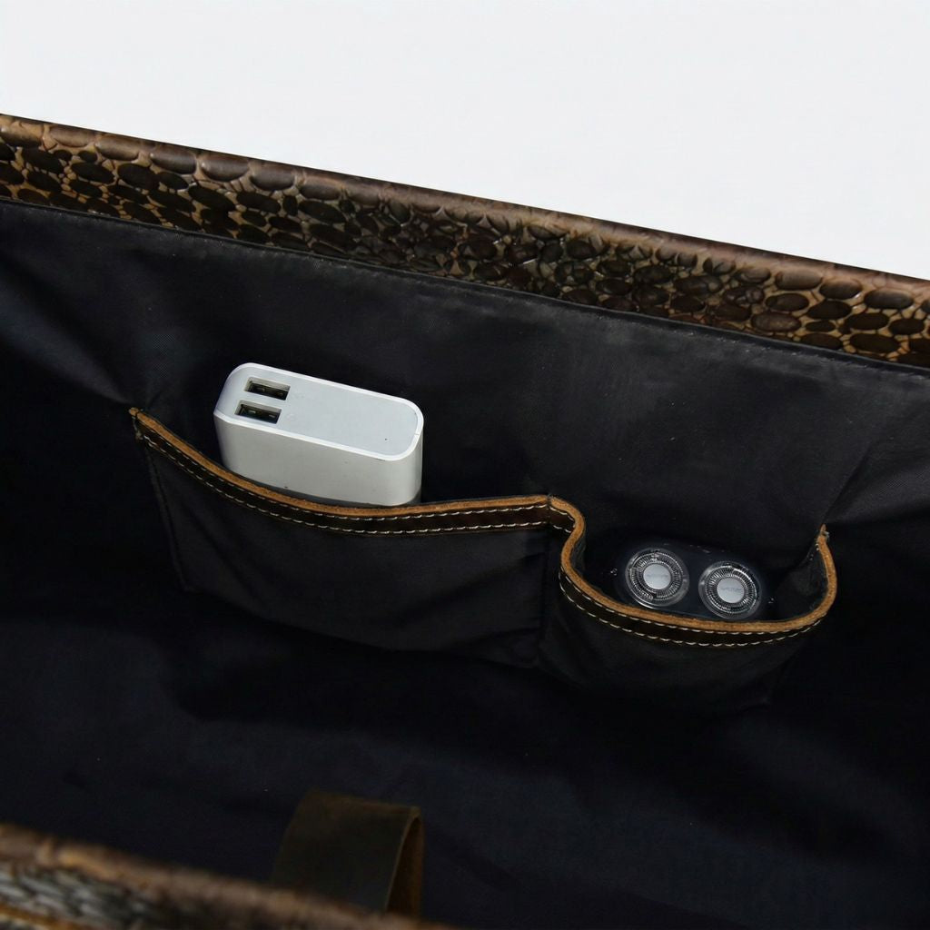 Petites poches intérieures du sac de voyage cabine avec chargeur USB blanc et rasoir électrique, doublure noire